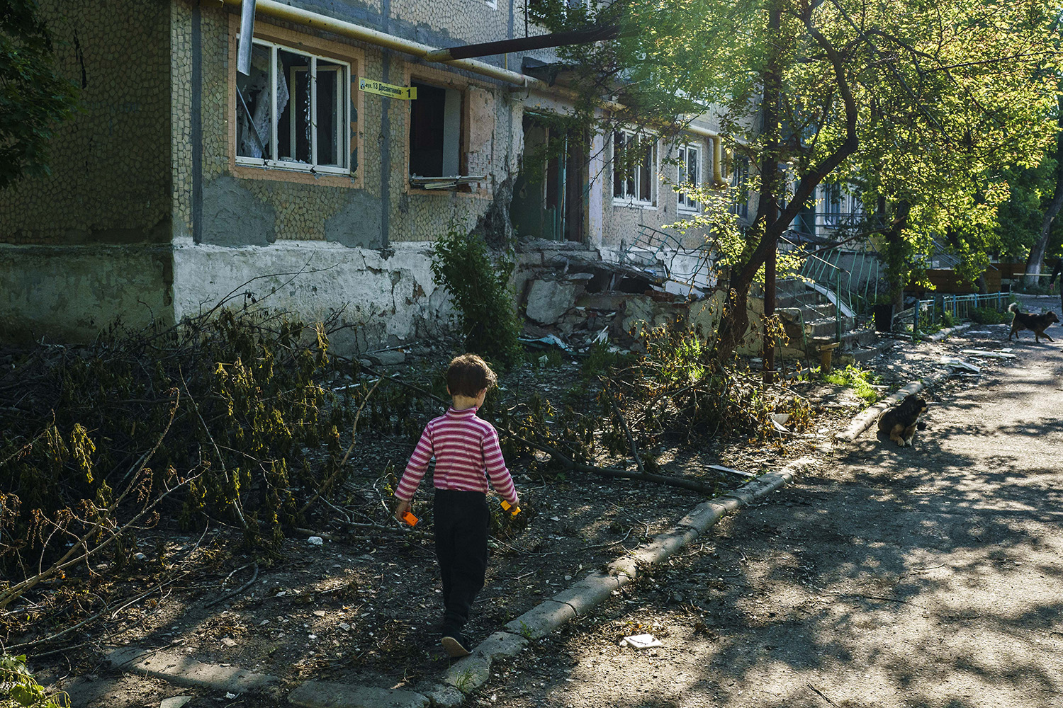 Un niño pequeño juega frente a un bloque de apartamentos destruido