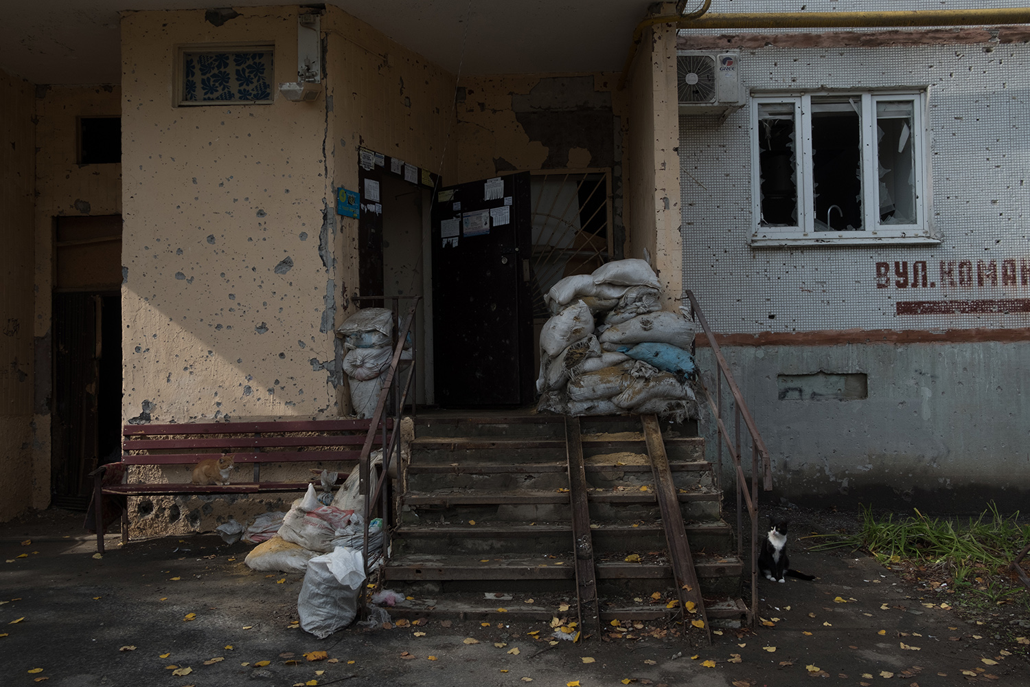 La entrada de una casa dañada en el barrio de Saltivka. La zona fue muy afectada por los bombardeos.