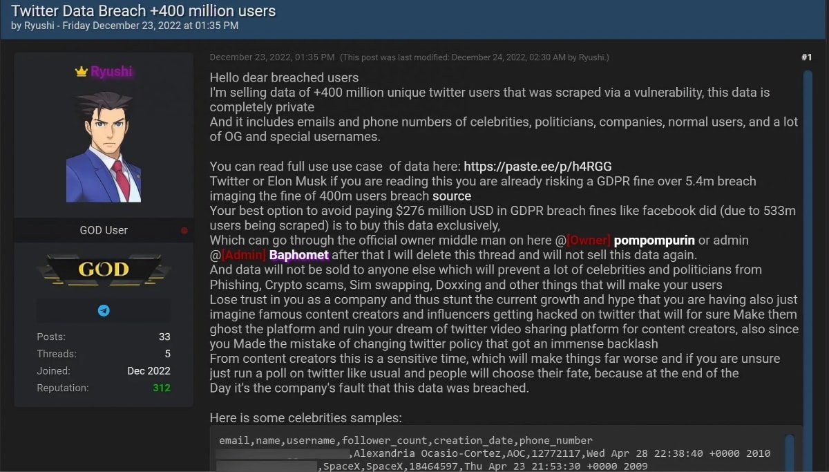 El post del hacker en el foro Breached. Fuente: BleepingComputer