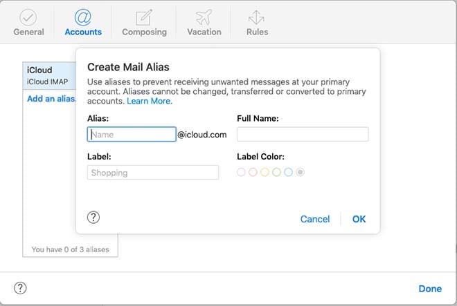 Crear un alias de correo en iCloud.com.