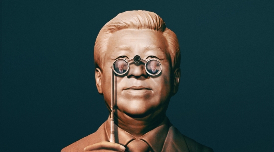 Una ilustración de Xi Jinping de China viendo Presidnet Joe Biden a través de gafas.