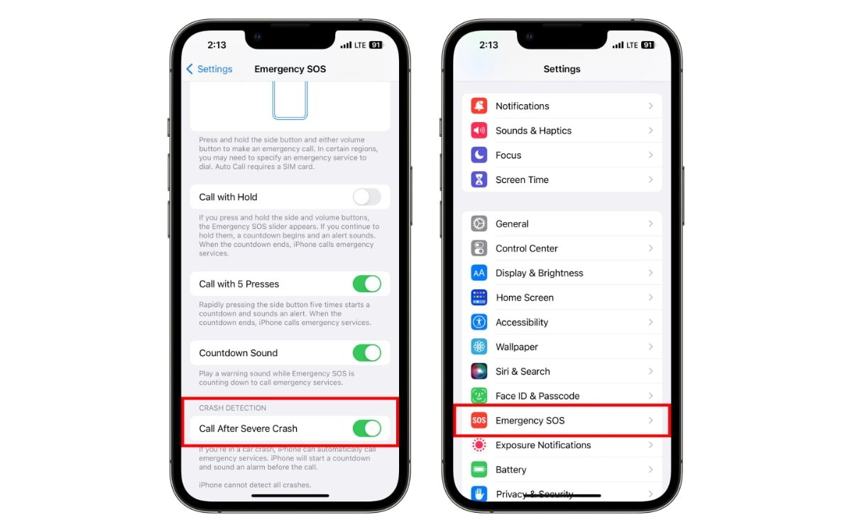 Detección de choques en el iPhone 14 en los ajustes de iOS