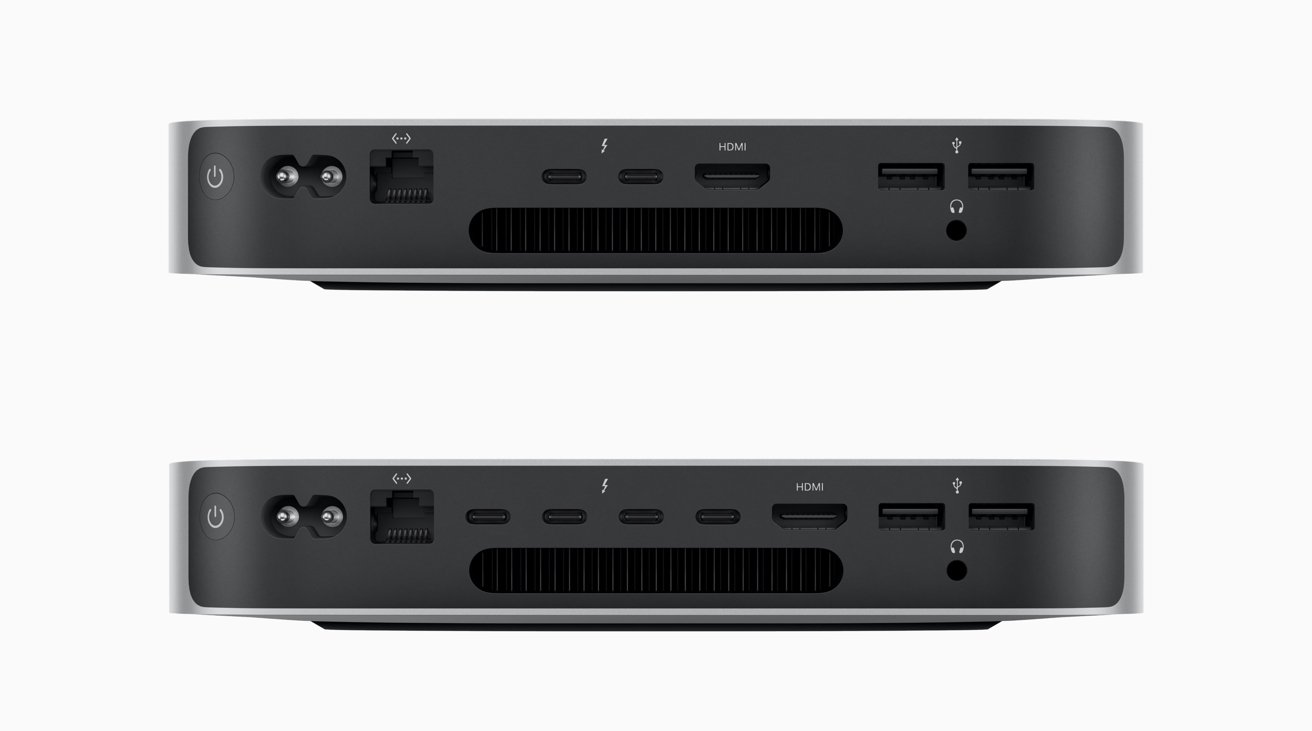 El Mac mini M2 (arriba) tiene los mismos puertos que el M1. La versión M2 Pro (abajo) tiene dos puertos Thunderbolt 4 más. 