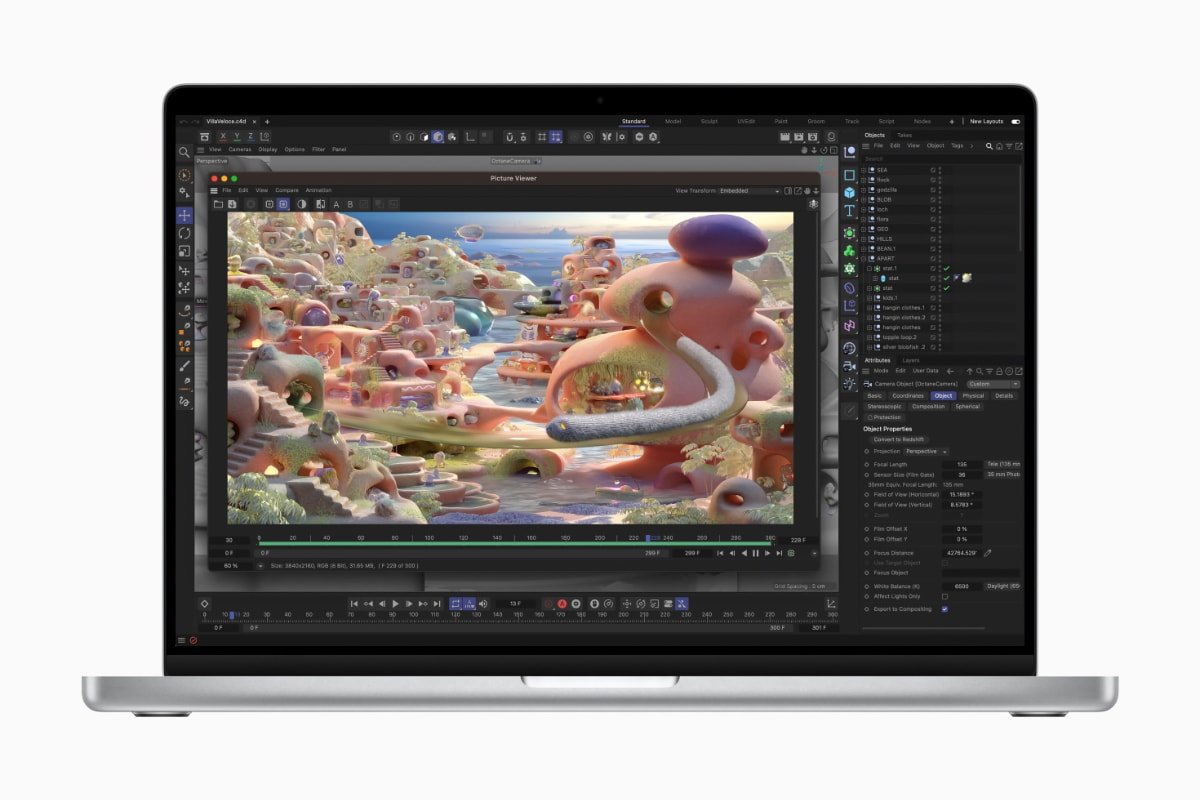 Con M2 Max, el renderizado de efectos en Cinema 4D es hasta 6 veces más rápido que el MacBook Pro más rápido basado en Intel y hasta un 30% más rápido que la generación anterior