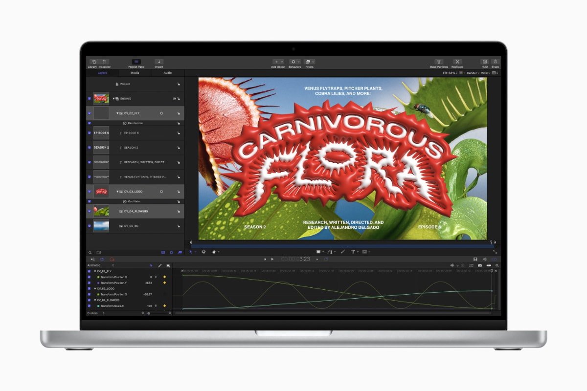 Con M2 Pro, las animaciones en Motion se renderizan un 80% más rápido que en el MacBook Pro basado en Intel, y un 20% más rápido que en la generación anterior.generación