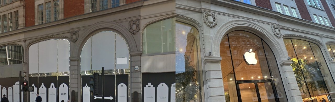 Izquierda: aspecto del edificio en 2018 (fuente: Google). Derecha: Apple ha limpiado la cantería.