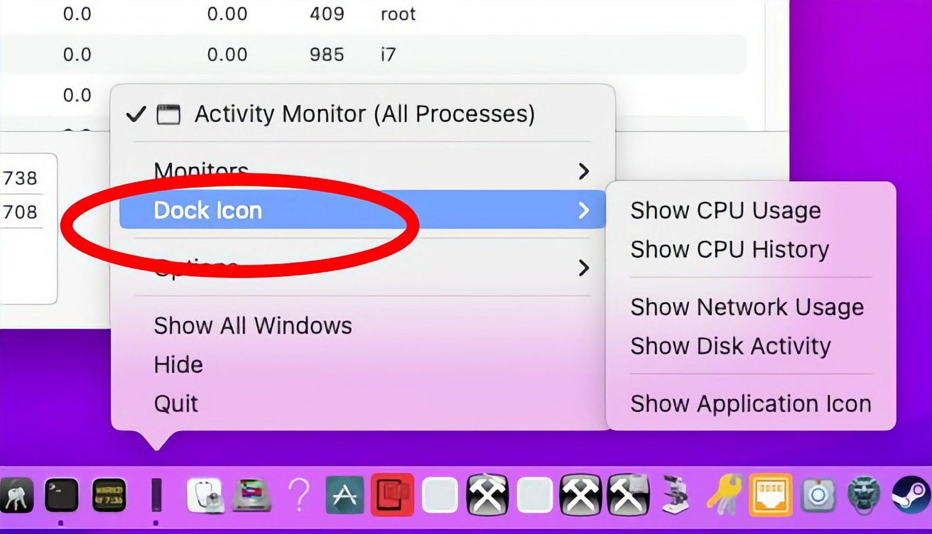 Control-clic en el icono del Monitor de Actividad en el Dock.