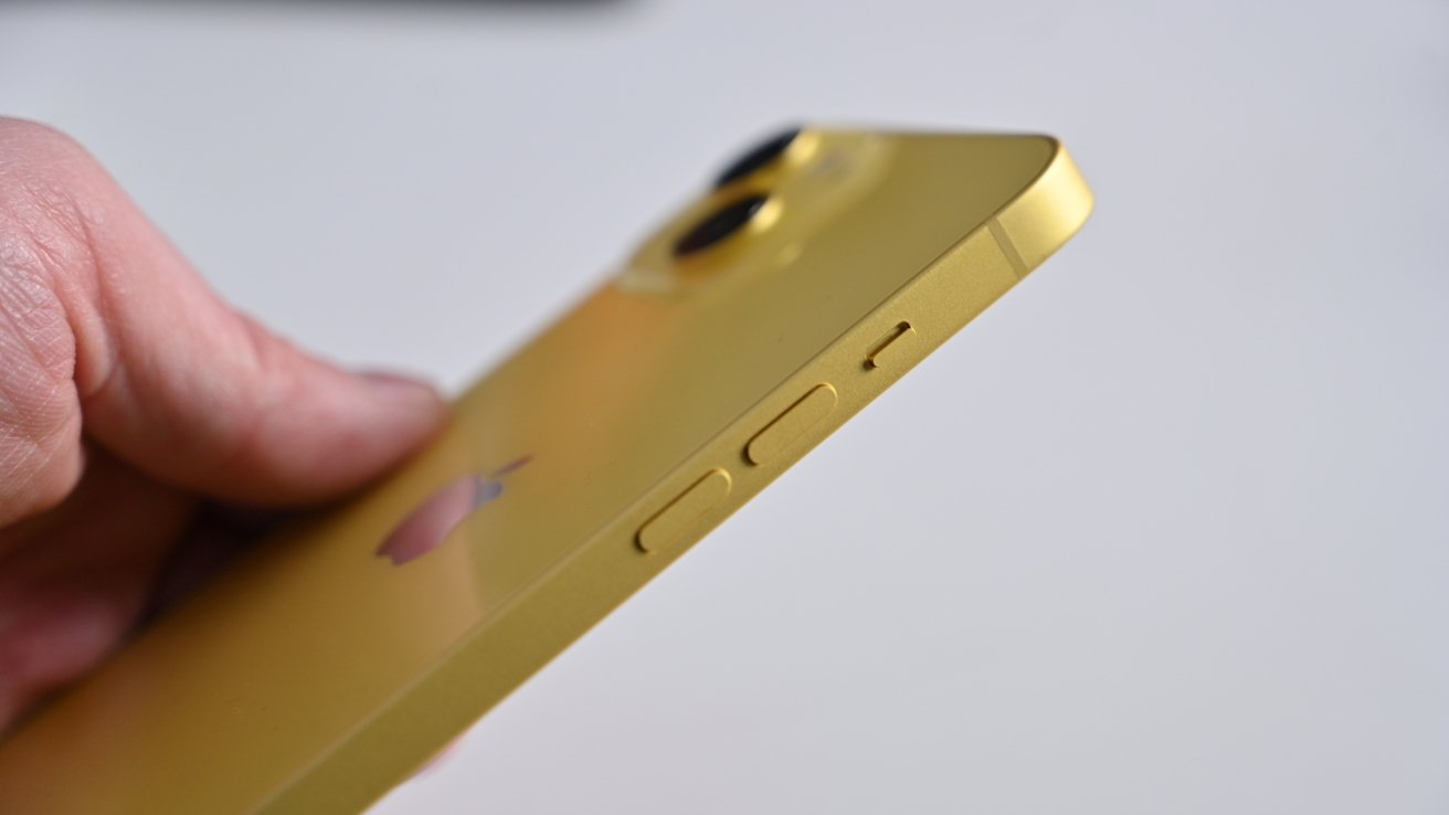 Botones de aluminio del iPhone 14 en amarillo